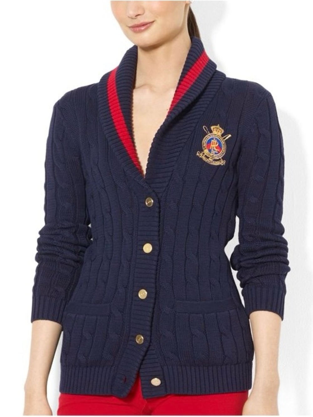 Lauren Ralph Lauren Navy Shawl-Collar Cable-Knit Cardigan with Red Trim